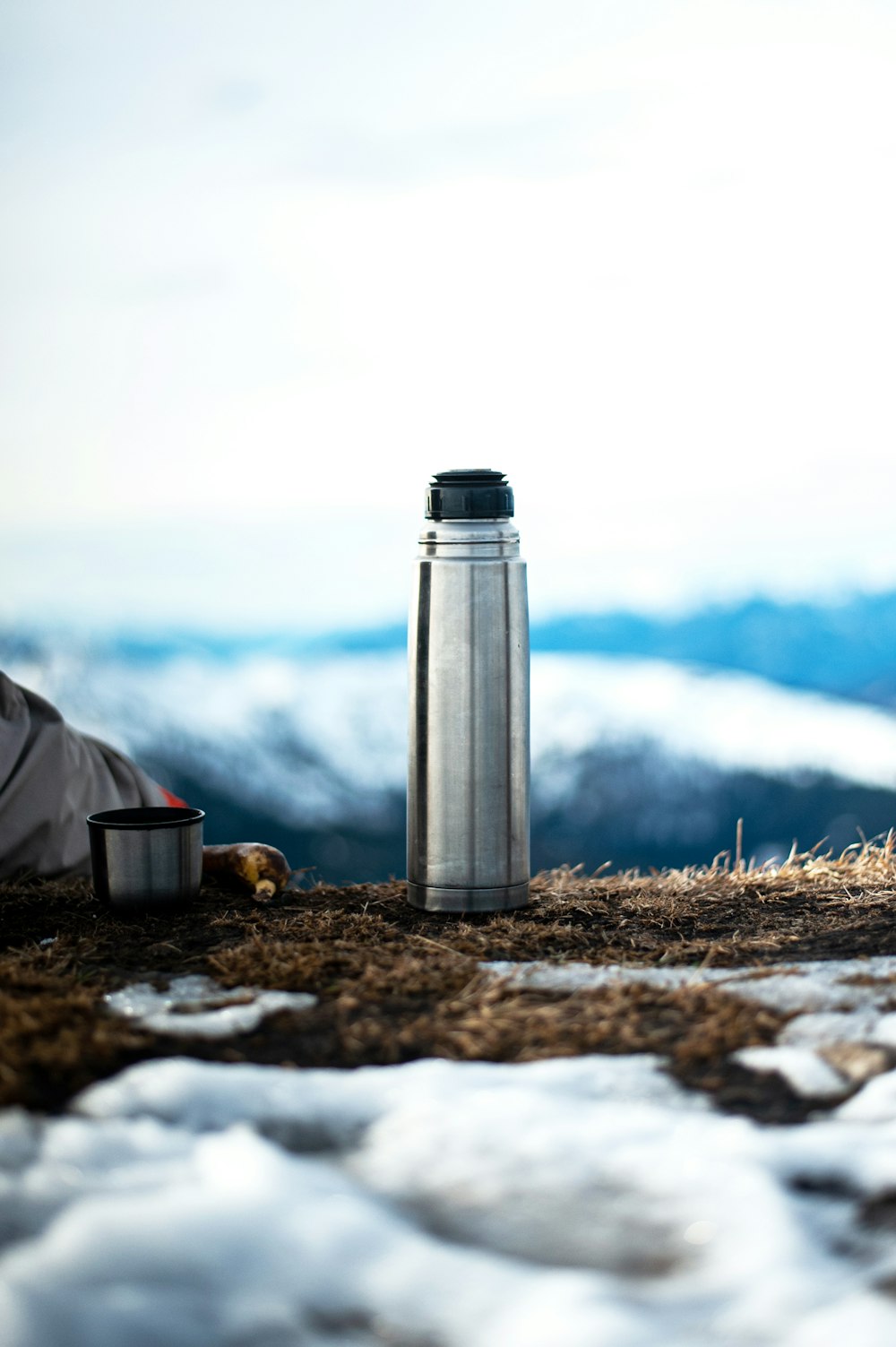 silver vacuum flask on brown dried grass