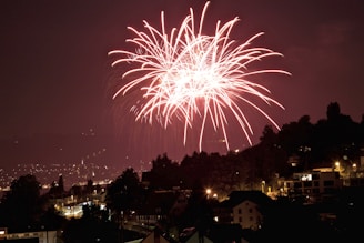 Bright red fireworks burst in the night sky over a cityscape with silhouetted trees and buildings. Street lights and illuminated windows add a warm glow to the scene, enhancing the festive and celebratory atmosphere.