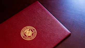 red and gold book on black textile