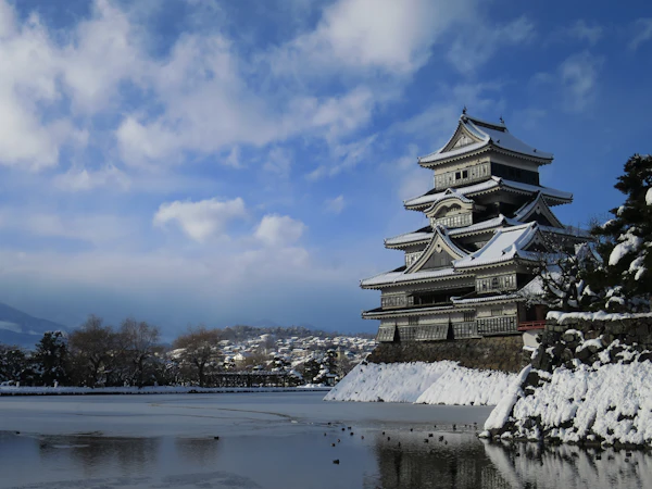 Matsumoto Castle and its moat under a blue sky in winter