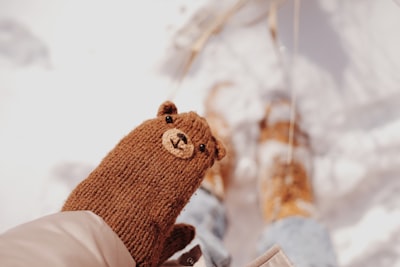 brown knit bear plush toy mittens zoom background