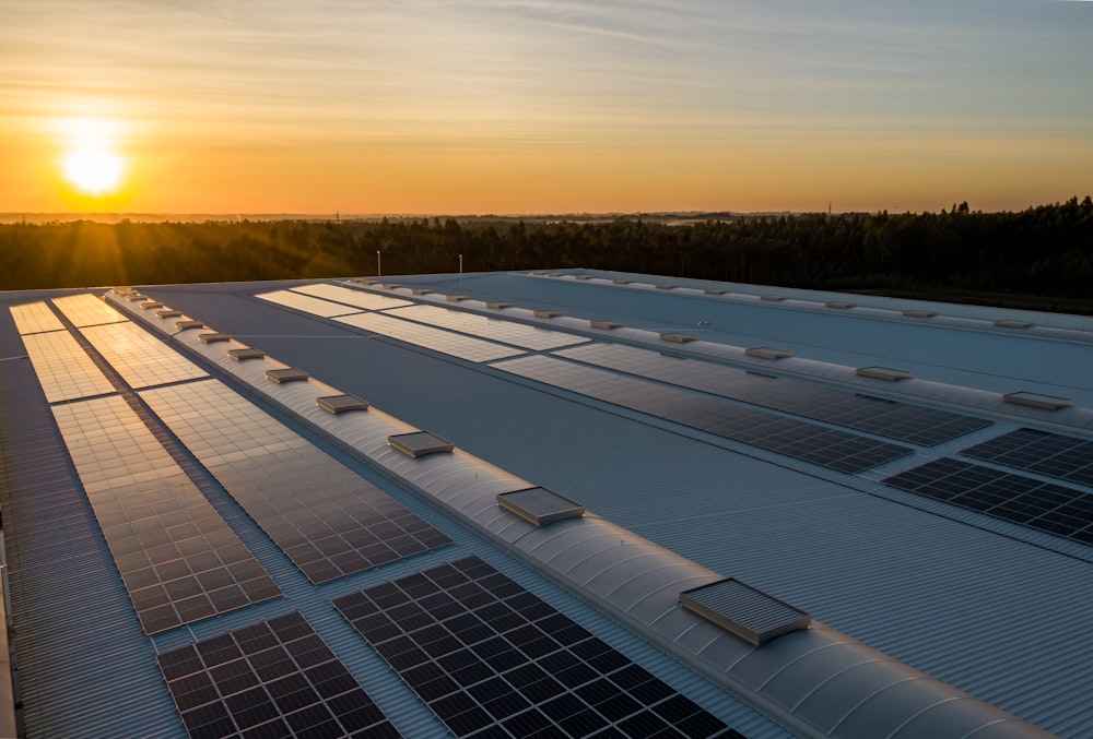 An array of solar panels on a roof