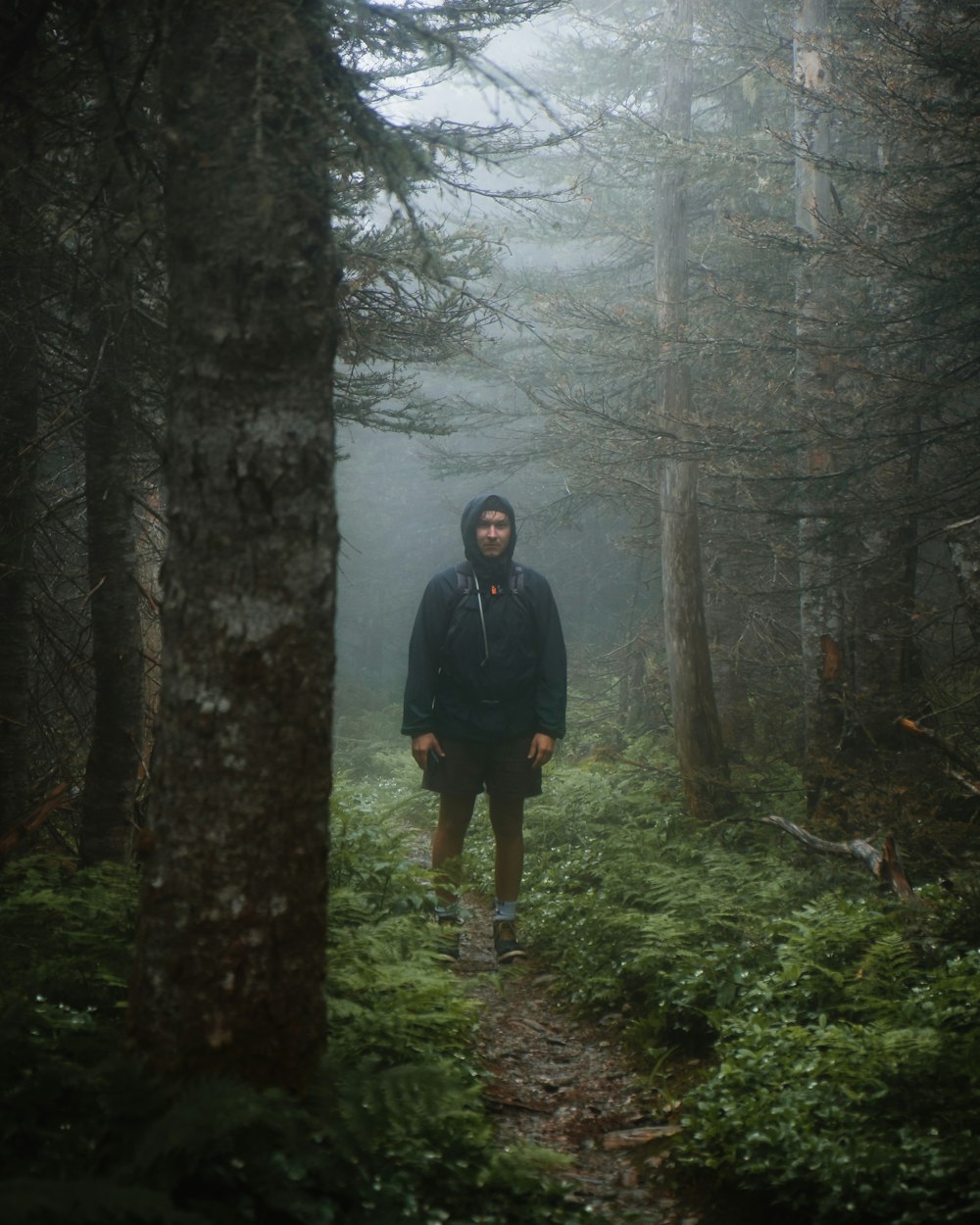 man in black jacket standing in the woods