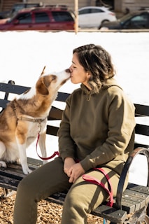 woman in gray coat sitting on black chair beside brown and white dog during daytime