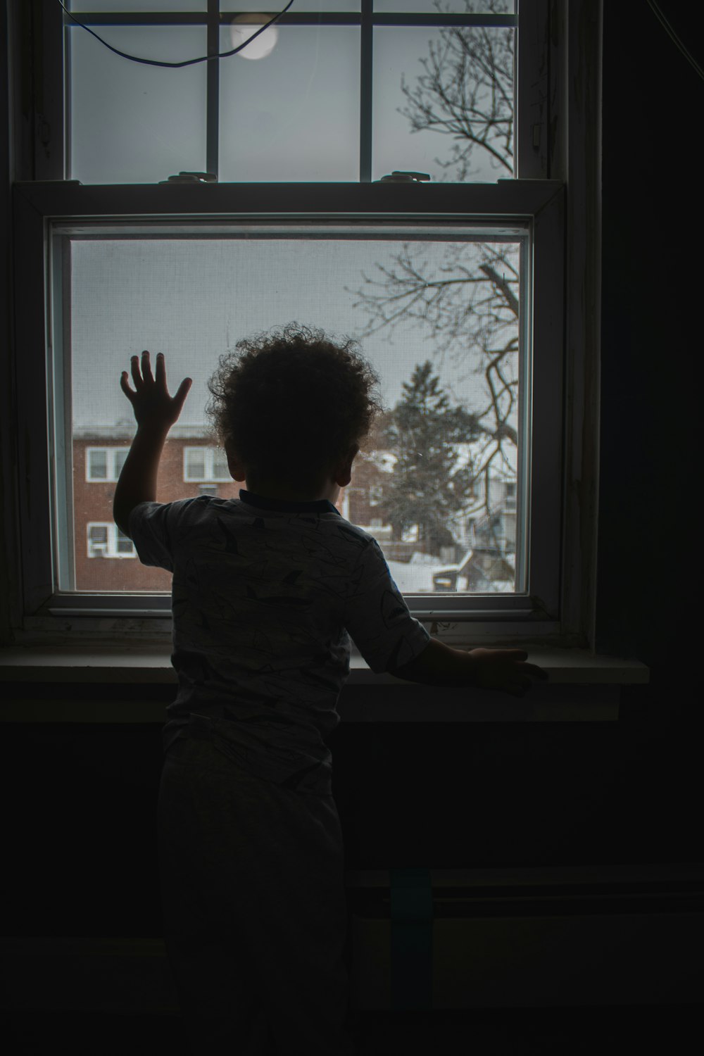 boy in blue shirt standing beside window