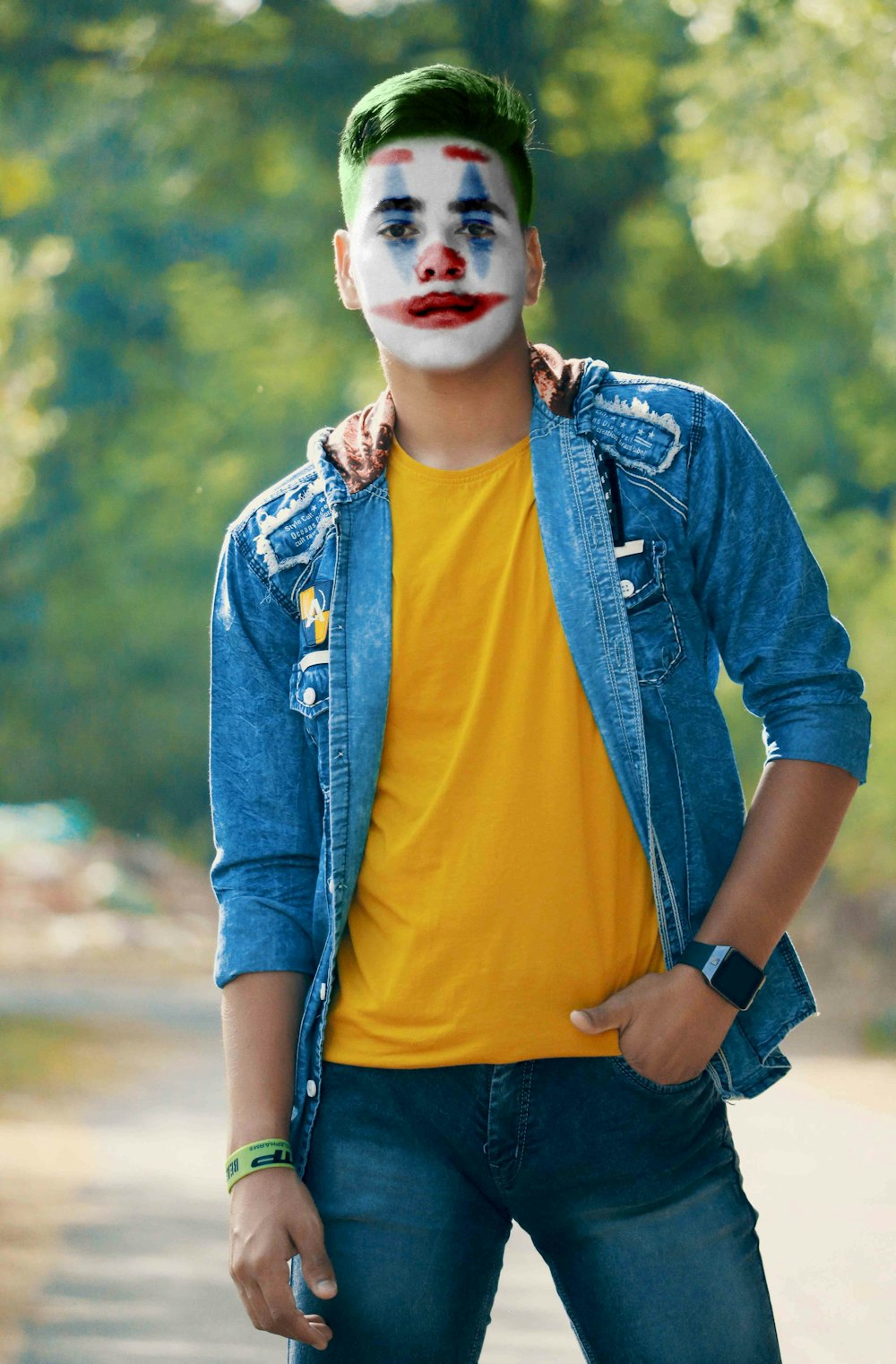 woman in blue denim jacket and yellow shirt