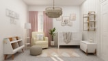 A beautifully designed nursery with a modern minimalist style. The room features a white crib with a gray blanket, a comfortable beige armchair with a colorful pillow, and a matching pouf. Light pink curtains cover the window behind the armchair. A geometric rug with soft pastel tones lies on the floor. The walls are decorated with herringbone wallpaper, artistic frames, and the words 'Dream Big' in wire art. A chic chandelier hangs from the ceiling, and there is a touch of greenery from a plant in the corner. Storage units hold books and toys.
