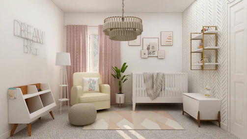 A warm nursery corner with a crib, soft lighting, and plush essentials.