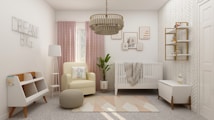 A beautifully designed nursery with a modern minimalist style. The room features a white crib with a gray blanket, a comfortable beige armchair with a colorful pillow, and a matching pouf. Light pink curtains cover the window behind the armchair. A geometric rug with soft pastel tones lies on the floor. The walls are decorated with herringbone wallpaper, artistic frames, and the words 'Dream Big' in wire art. A chic chandelier hangs from the ceiling, and there is a touch of greenery from a plant in the corner. Storage units hold books and toys.