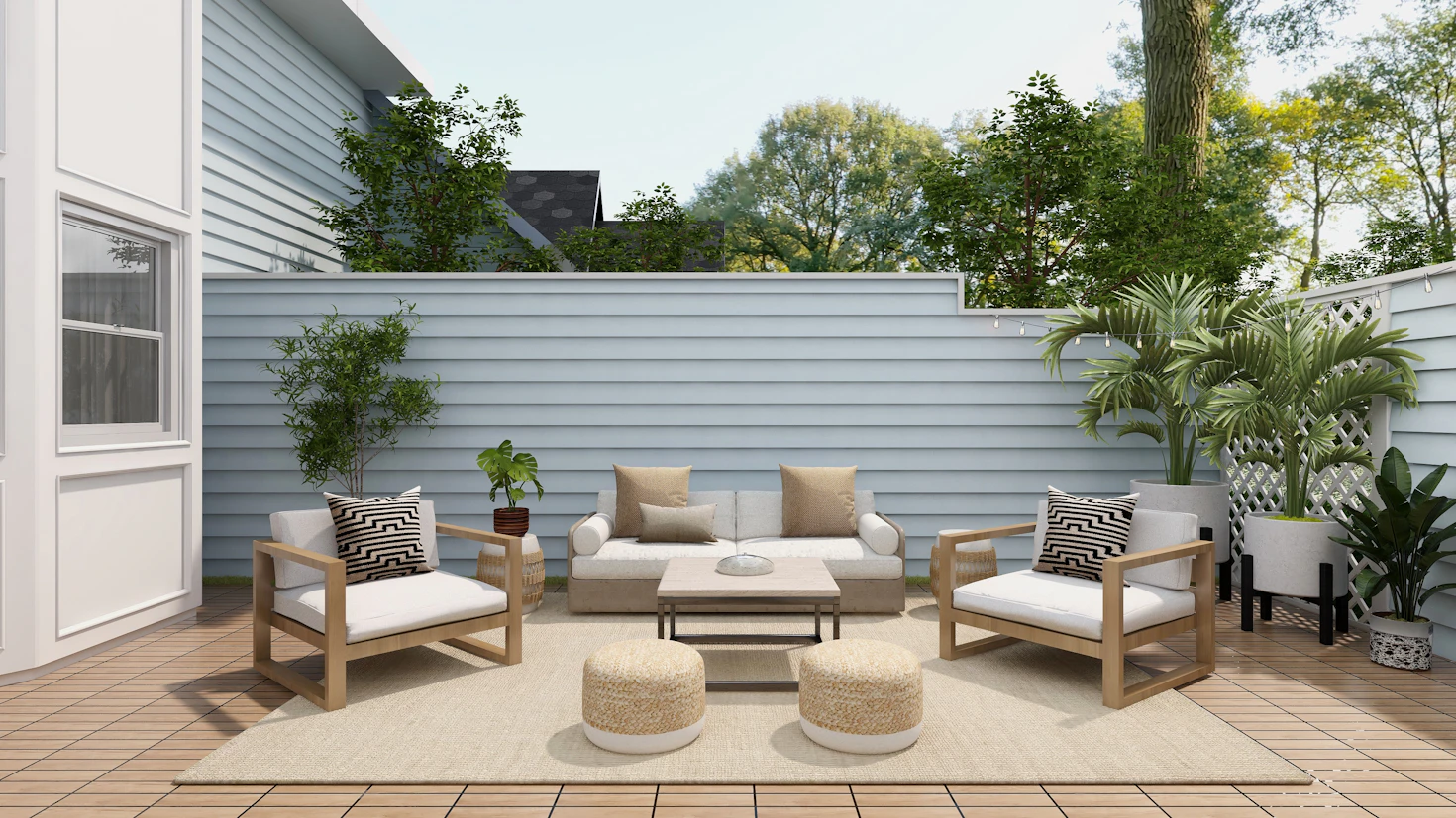 Textured flatweave rug anchoring a styled seating area