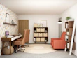 A cozy wendy house converted into a small home office with a desk and chair inside.