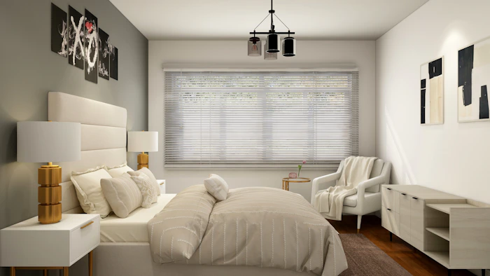 Bright bedroom with crisp white window blinds softening natural light