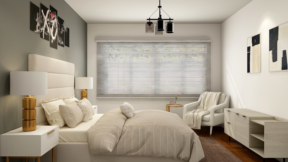 white bed near white window blinds