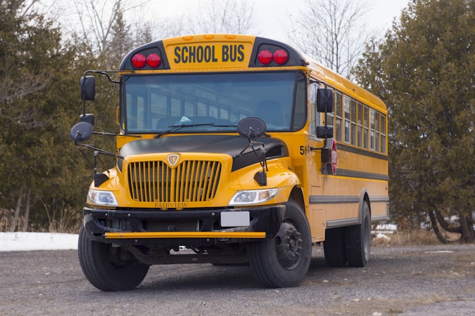 Yellow school bus on the road as Clark County students return for the first day of the 2026 school year