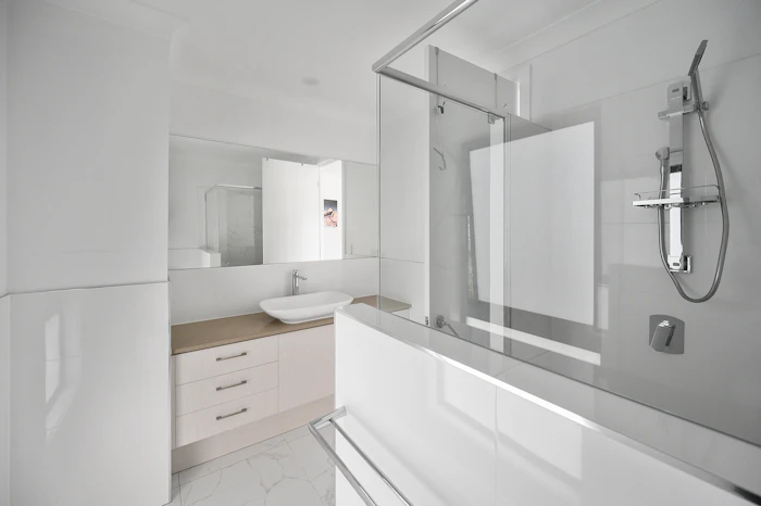 Finished custom bathroom vanity cabinetry