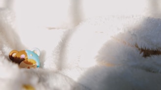 A cozy scene featuring Biscuit the bear plush toy sitting on a soft cream background with peach accents and subtle puzzle piece borders.