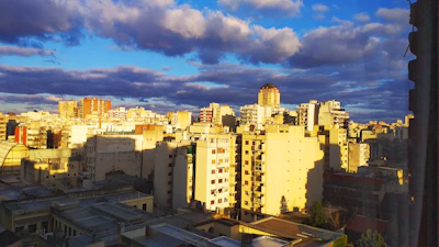 A cityscape view highlighting residential buildings and real estate opportunities.