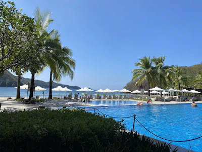 A couple enjoying a tropical resort poolside with palm trees swaying.