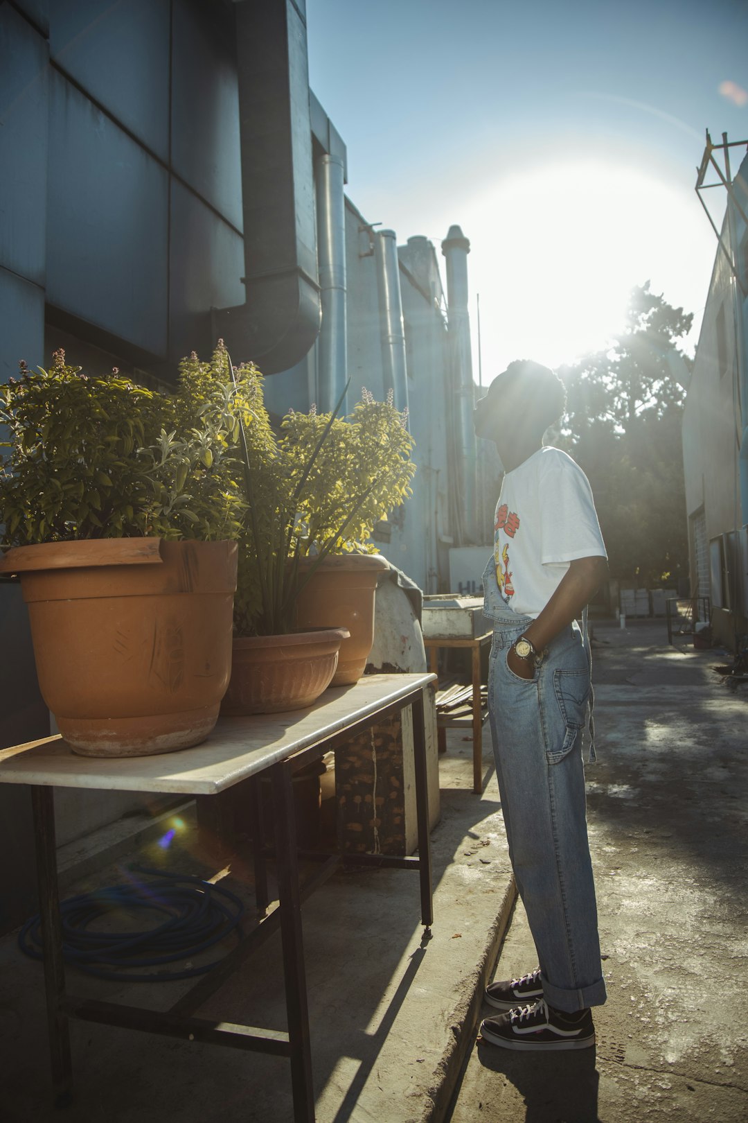man in white t-shirt and blue denim jeans standing near potted green plant during daytime
