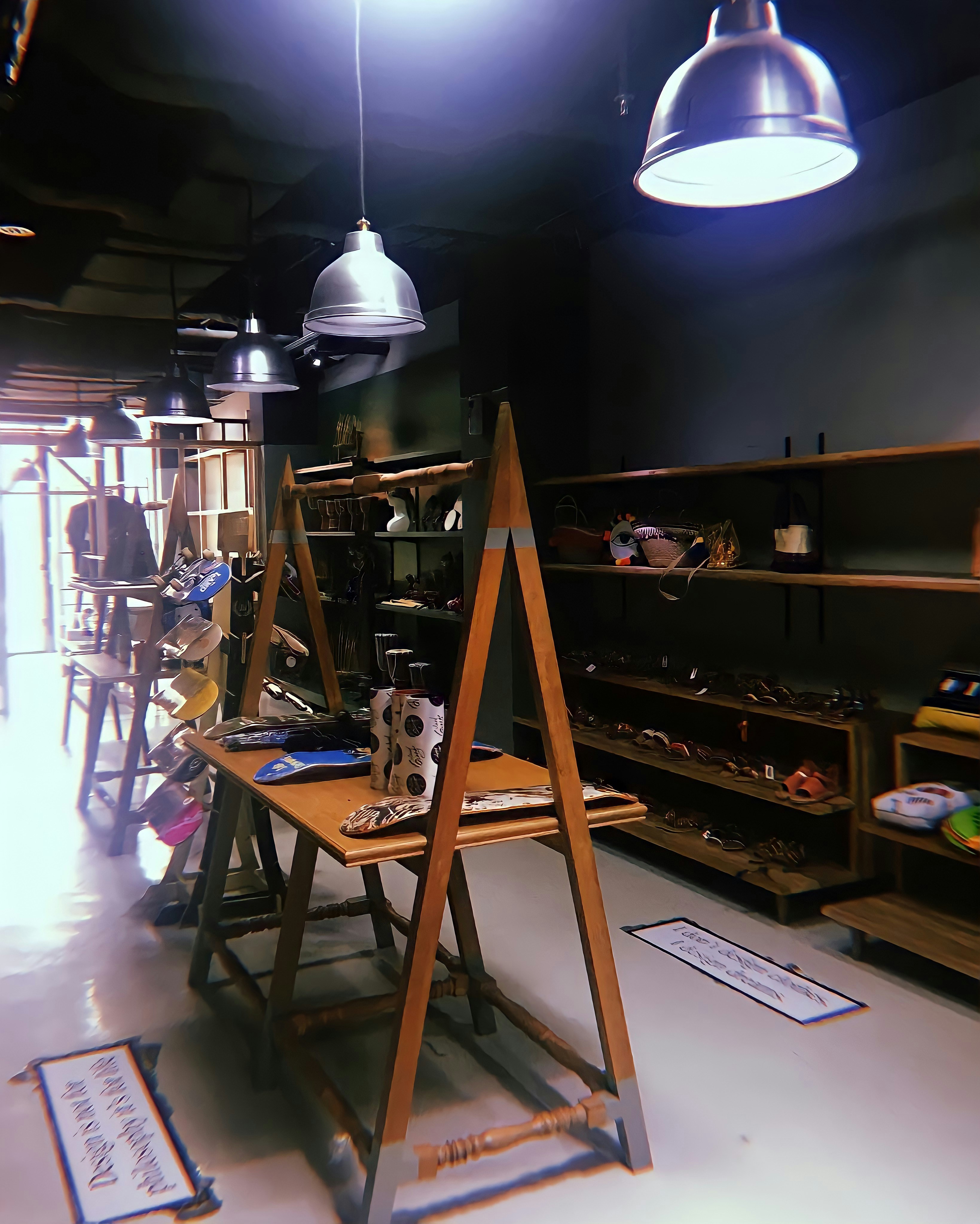 Bright retail shop interior with hanging colorful promotional signage