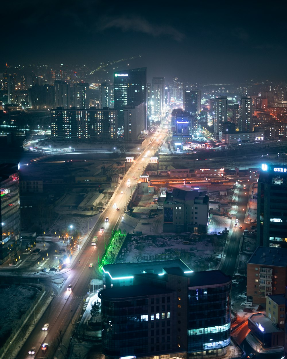 aerial view of city buildings during night time