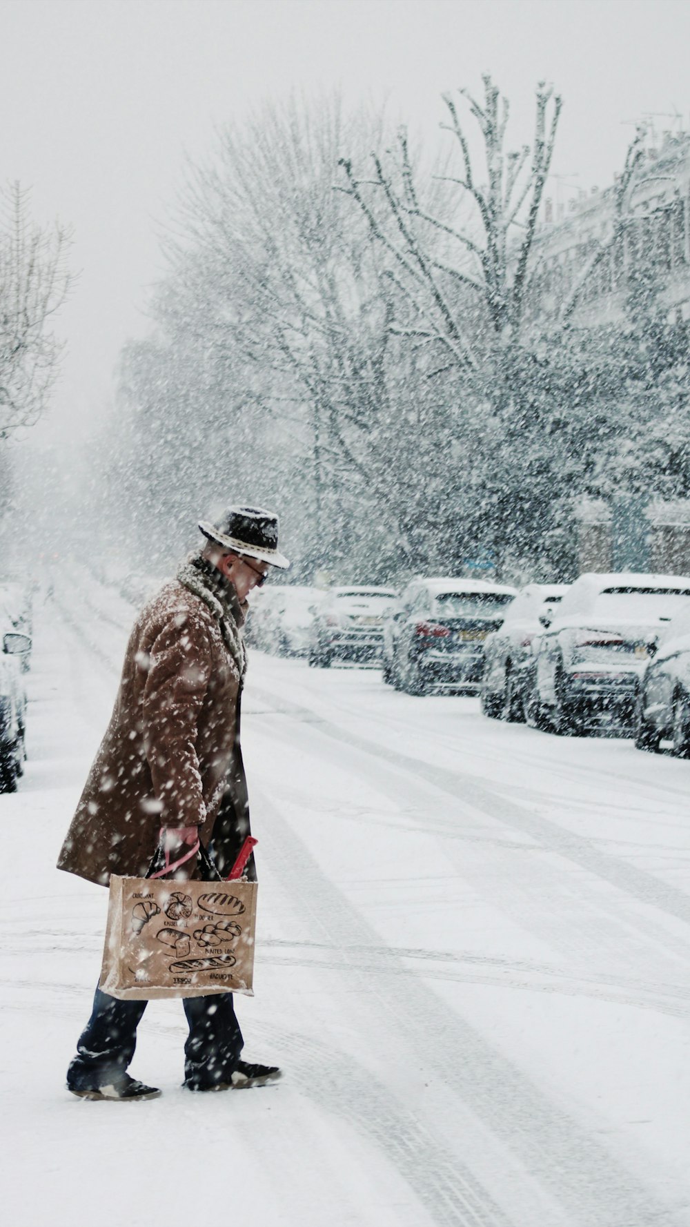 Persona con abrigo marrón de pie en el suelo cubierto de nieve durante el día