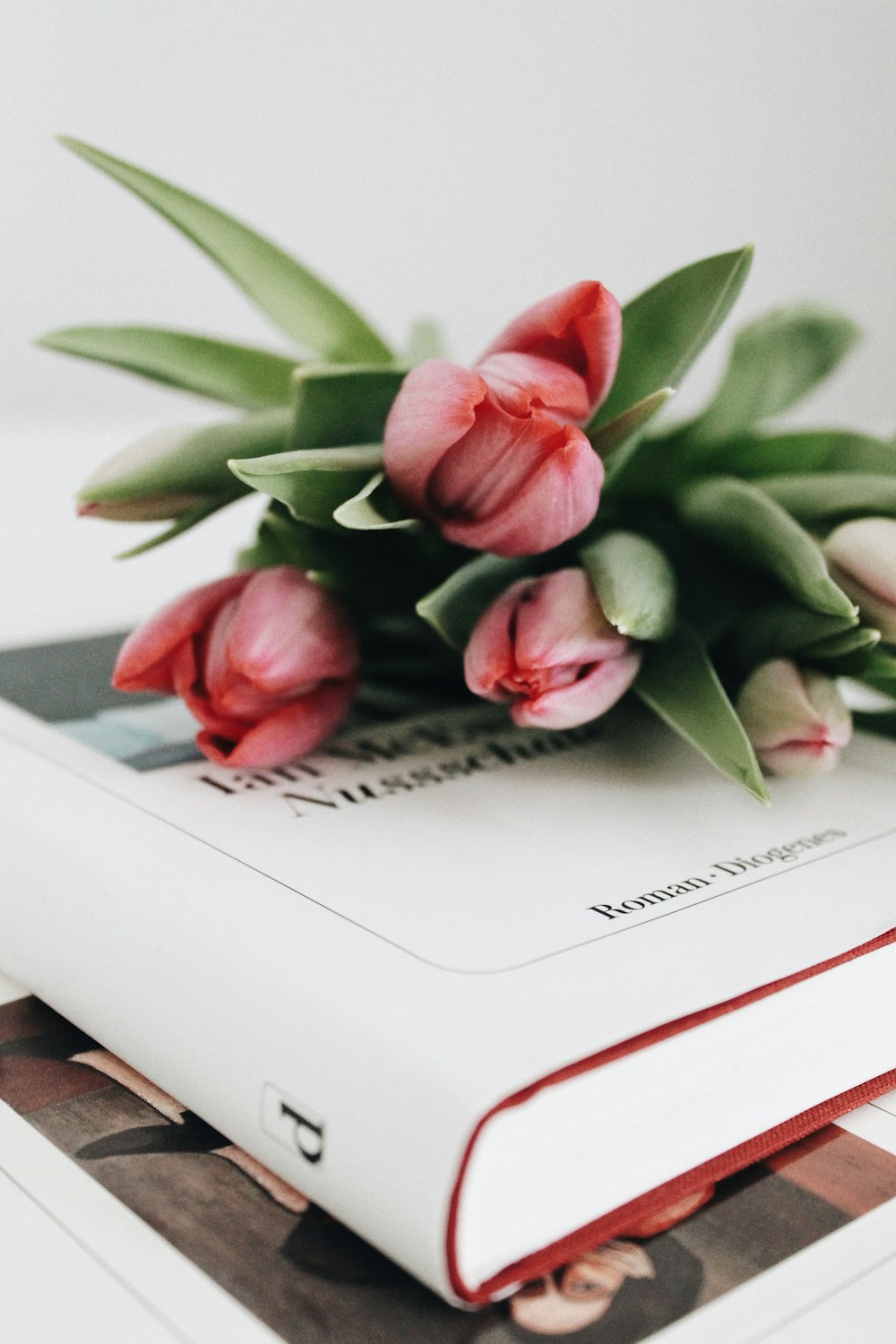 pink flowers on white book page