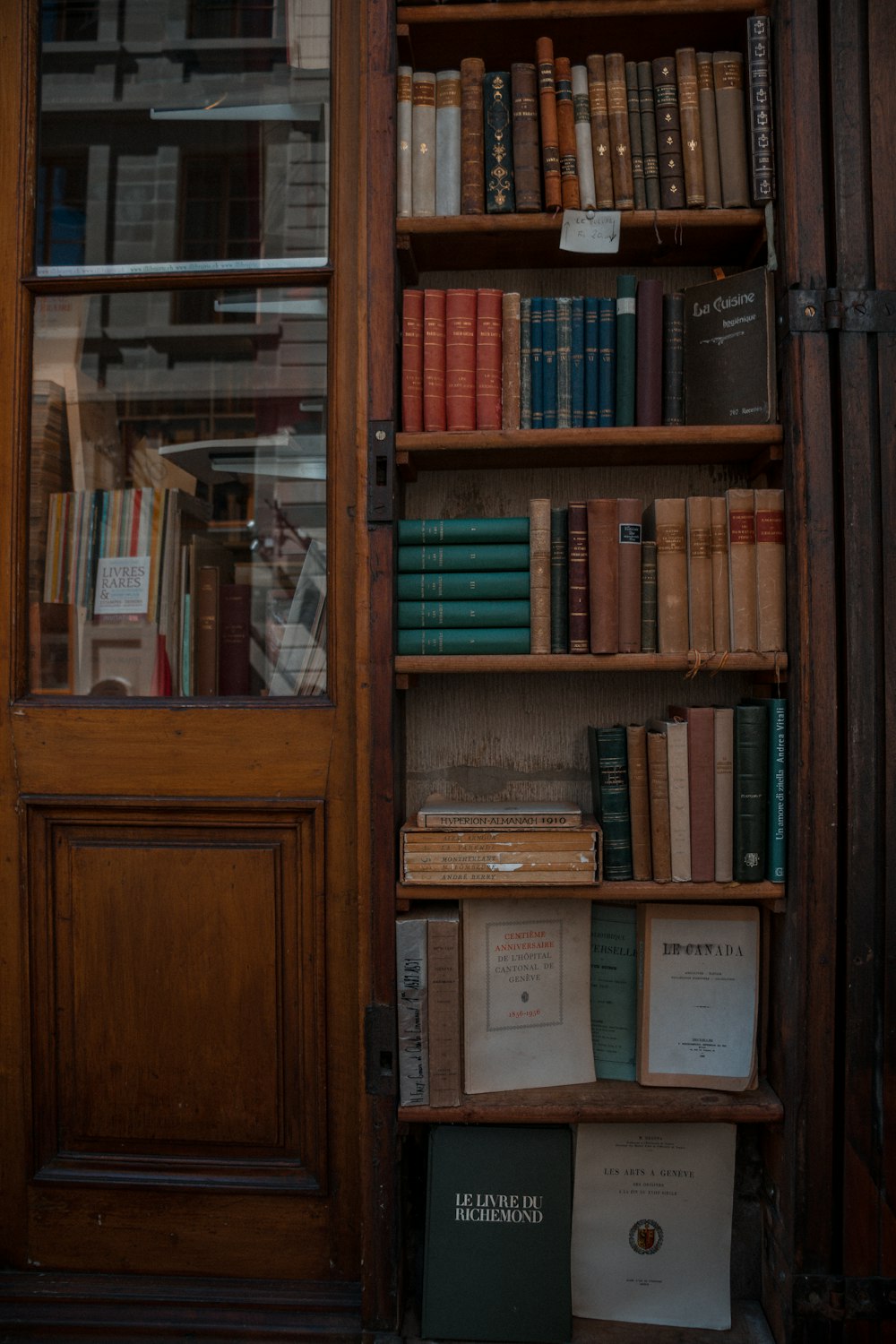 livros na prateleira de madeira marrom
