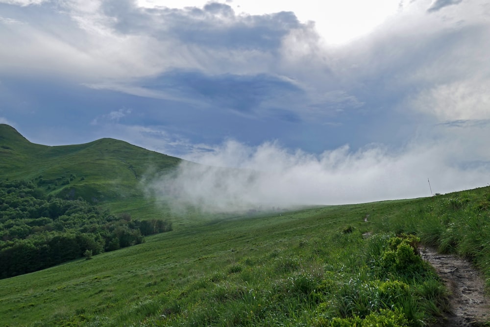 campo de grama verde sob nuvens brancas durante o dia