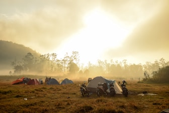 A group of adventure riders setting up camp in the forest.