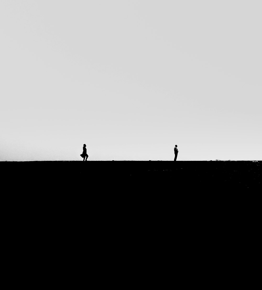 silhouette of 2 person walking on field
