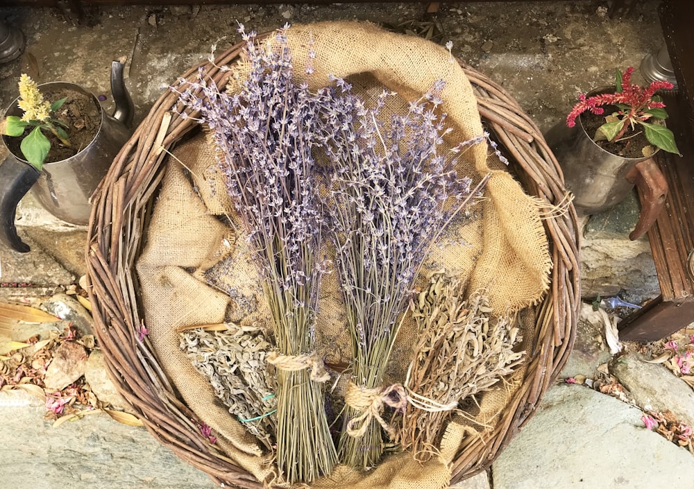 brown woven basket with purple and brown dried leaves