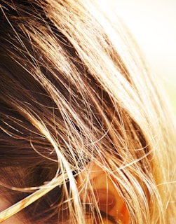 A close-up of healthy hair strands with natural light reflecting off them.