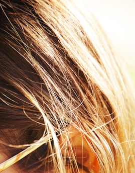 Close-up of shiny, healthy hair strands reflecting natural light