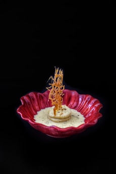 A beautifully styled dessert is presented in a red, scalloped-edge bowl. The dessert includes a round pastry topped with a delicate, crispy garnish, all sitting in a creamy sauce with visible vanilla seeds. The background is black, emphasizing the vibrant colors of the dish.