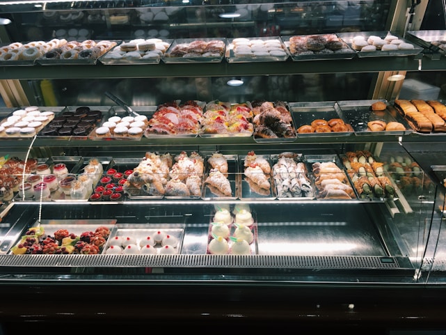 A beautifully arranged display of bakery and pastry products.