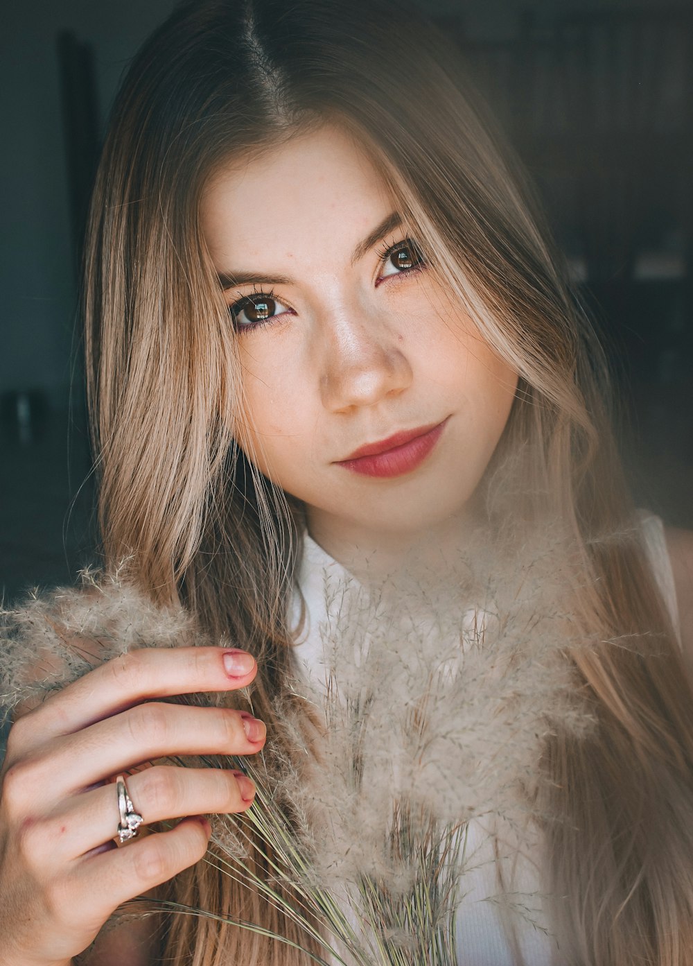 woman in white fur coat