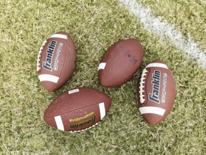 A collection of footballs arranged on a grassy field.