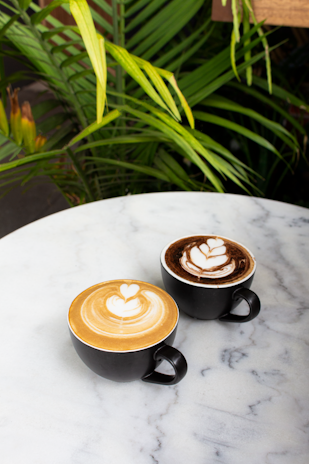 Two cups of coffee with latte art, one with a heart pattern and the other with a leaf design, placed on a white marble table. Green tropical plants are visible in the background, creating a serene and natural setting.
