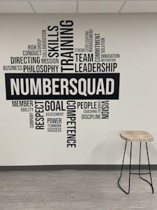 A wall of typography art featuring motivational words and phrases such as 'Skills', 'Training', 'Leadership', and 'Team'. The word 'NUMBERSQUAD' is prominently displayed in the center. Adjacent to the wall is a tall stool with a wooden seat and metal legs on a light, laminate floor.