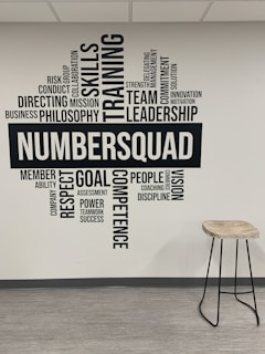 A wall of typography art featuring motivational words and phrases such as 'Skills', 'Training', 'Leadership', and 'Team'. The word 'NUMBERSQUAD' is prominently displayed in the center. Adjacent to the wall is a tall stool with a wooden seat and metal legs on a light, laminate floor.