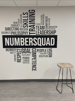 A wall of typography art featuring motivational words and phrases such as 'Skills', 'Training', 'Leadership', and 'Team'. The word 'NUMBERSQUAD' is prominently displayed in the center. Adjacent to the wall is a tall stool with a wooden seat and metal legs on a light, laminate floor.
