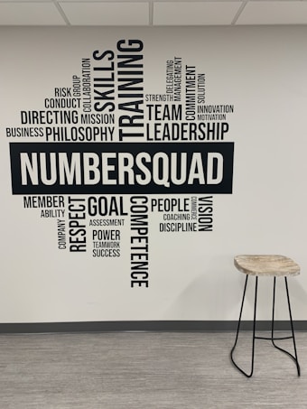 A wall of typography art featuring motivational words and phrases such as 'Skills', 'Training', 'Leadership', and 'Team'. The word 'NUMBERSQUAD' is prominently displayed in the center. Adjacent to the wall is a tall stool with a wooden seat and metal legs on a light, laminate floor.