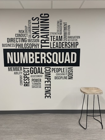 A wall of typography art featuring motivational words and phrases such as 'Skills', 'Training', 'Leadership', and 'Team'. The word 'NUMBERSQUAD' is prominently displayed in the center. Adjacent to the wall is a tall stool with a wooden seat and metal legs on a light, laminate floor.