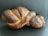 A single loaf of braided bread with a golden-brown crust placed against a dark background. The bread has a shiny surface, indicating it has been glazed.