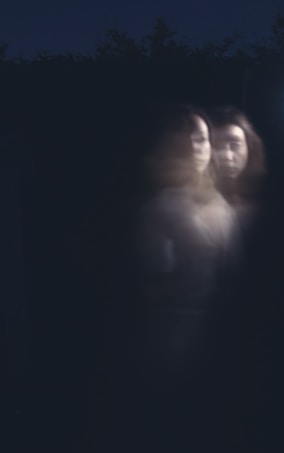 A blurred figure with duplicated facial features appears against a dark background, creating an eerie and mysterious effect.