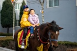Two children are sitting on a brown horse. The older child is wearing a yellow jacket and a blue cap, while the younger child is in a purple jacket. The horse is adorned with a colorful red and yellow blanket, and decorations hanging from its bridle. In the background, there are trees and a building with a window.