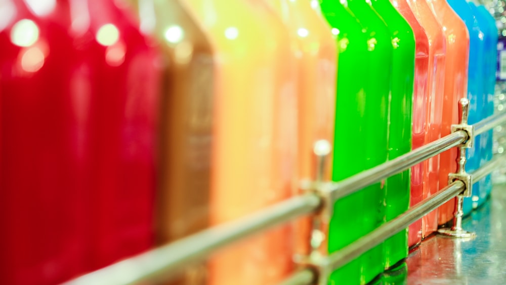 green and red glass bottles