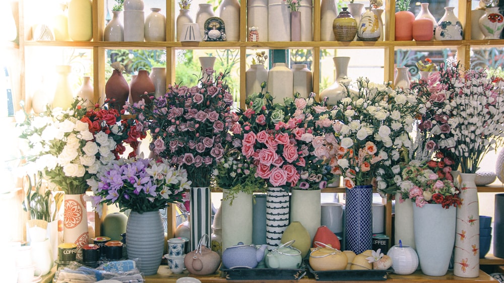 pink and white flowers on table