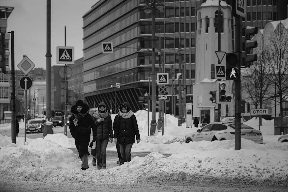 Foto en escala de grises de 2 personas caminando sobre suelo cubierto de nieve